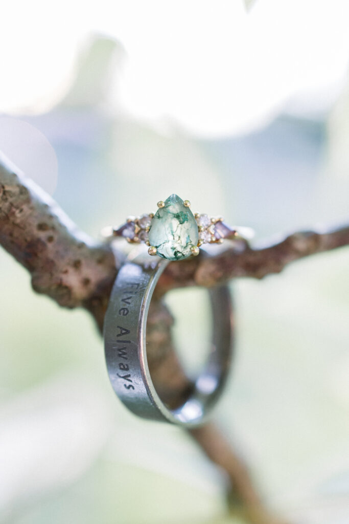 Close-up of engagement ring and fiancé’s ring at Gillis Hill Farm engagement session.