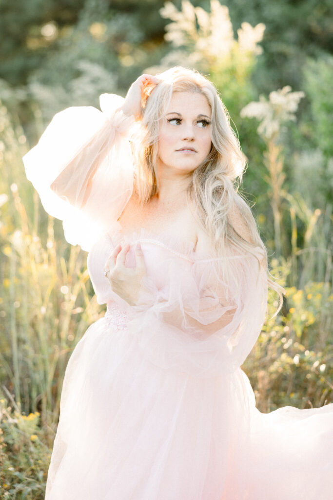 Golden hour family portrait in pink dress
